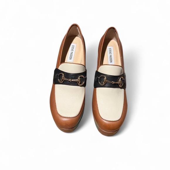 Steve Madden Tan, Cream, and Black platform loafer heels - Picture 2 of 5